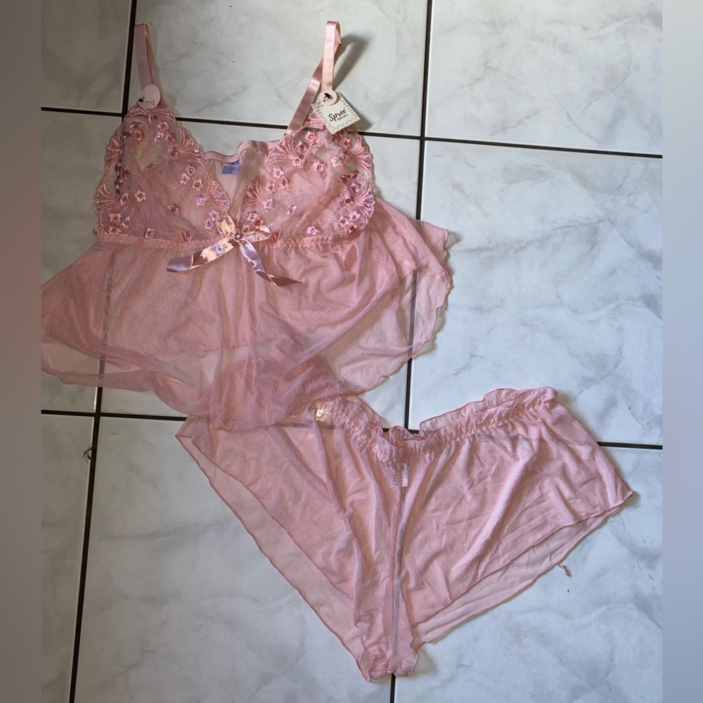 Sheer Pink Lace Chemise Set